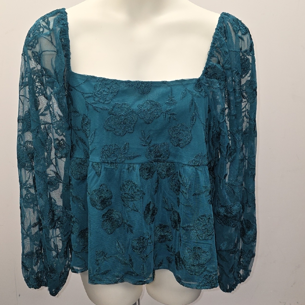ARULA Teal Floral Lace Square-Neck Blouse
